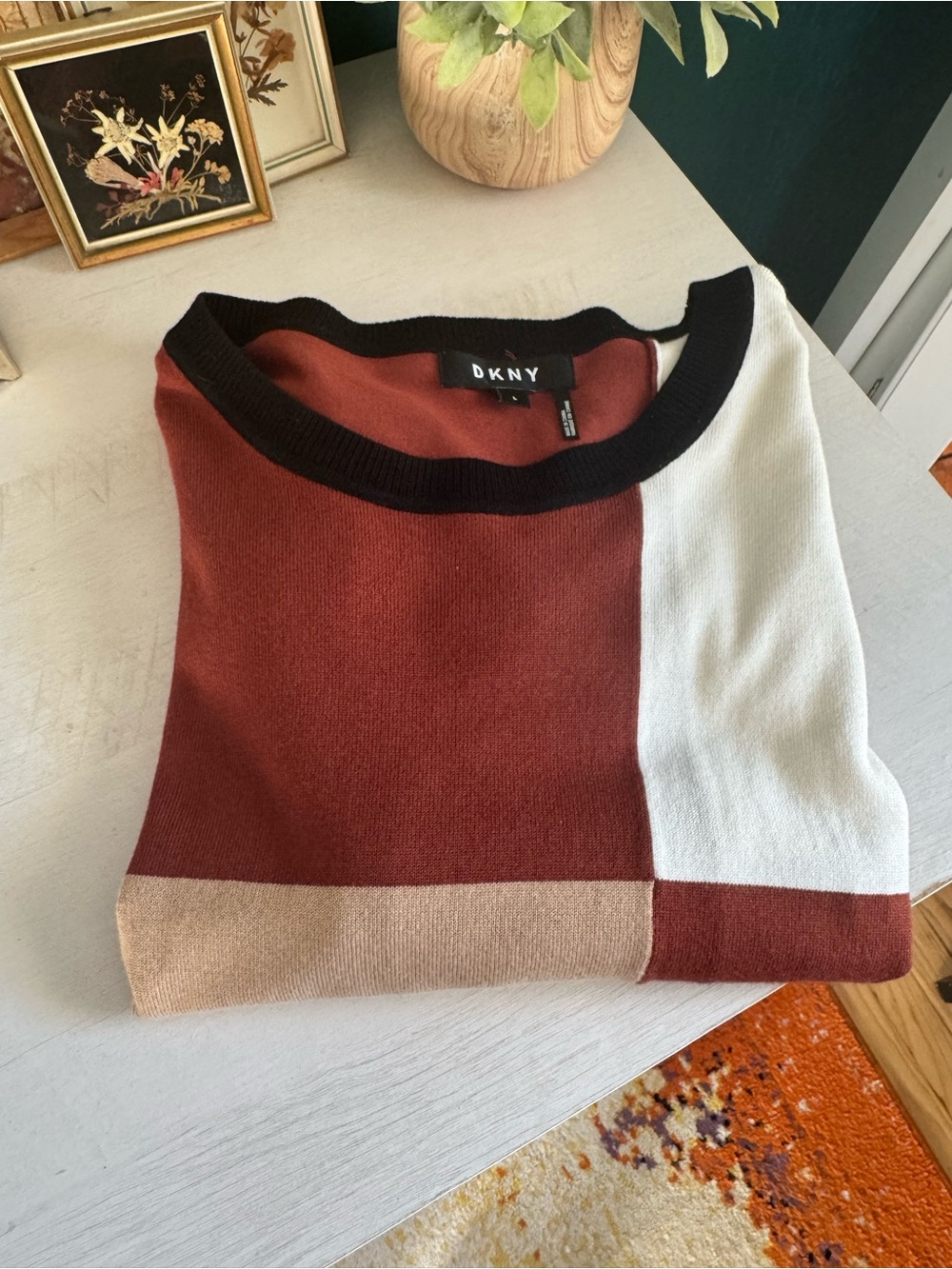 DKNY Colorblock Crewneck Sweater - Rust, Cream & Tan